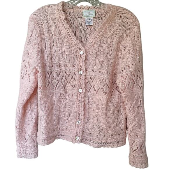 Vintage Susan Bristol Mohair Wool blend Pink Cardigan Sweater Coquette Pearls M - Picture 1 of 11